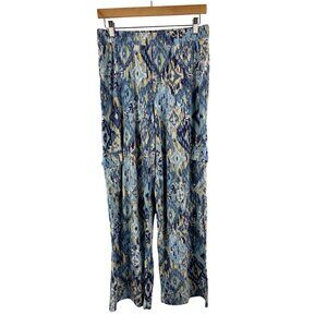 D&Co. Beach Womens Ikat Patterned Wide-Leg Pants S Blue & Beige Cotton & Rayon